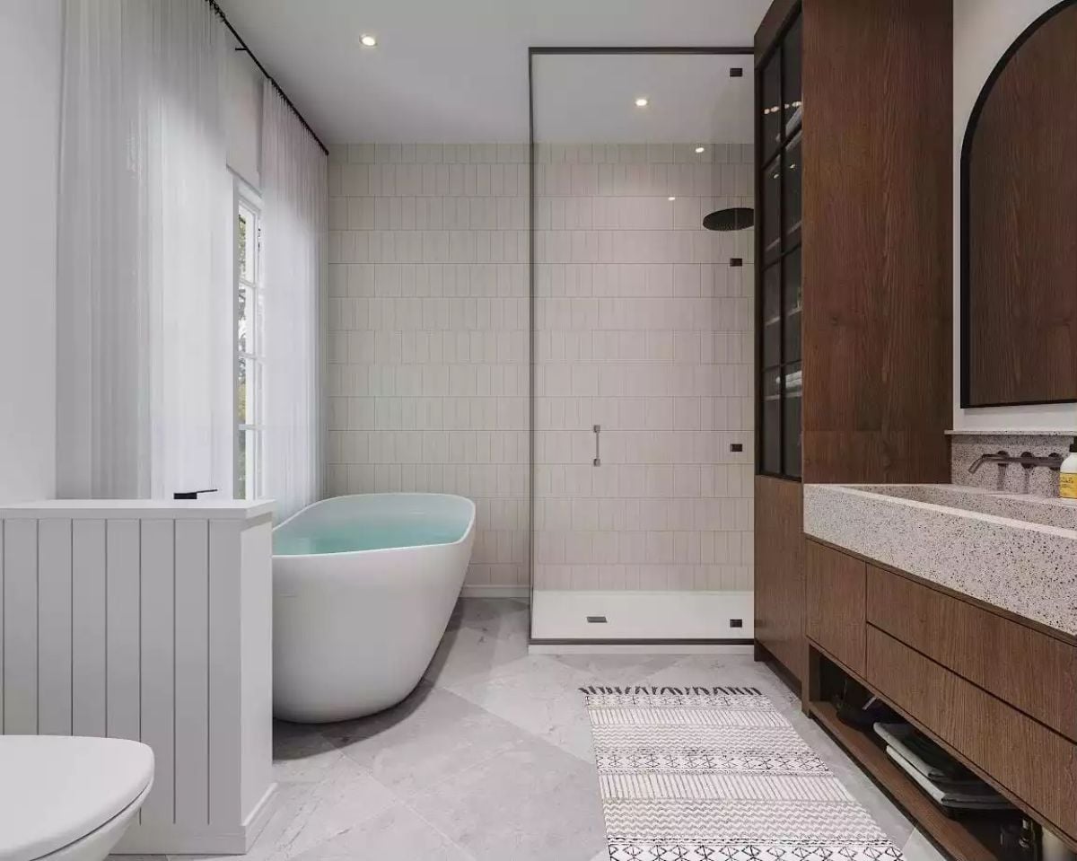 Freestanding Tub by the Window, Rainfall Shower Behind Glass, Zero Compromises
