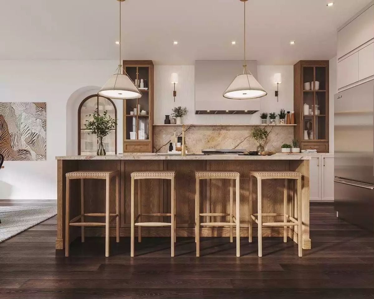 Warm Oak, Marble, and Brass Pull Off What Most Kitchens Only Attempt
