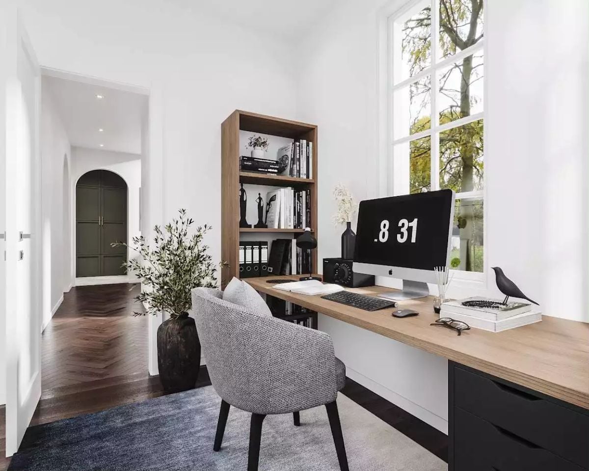 Warm Wood Desk, Arched Hallway, and an iMac That Looks Right at Home