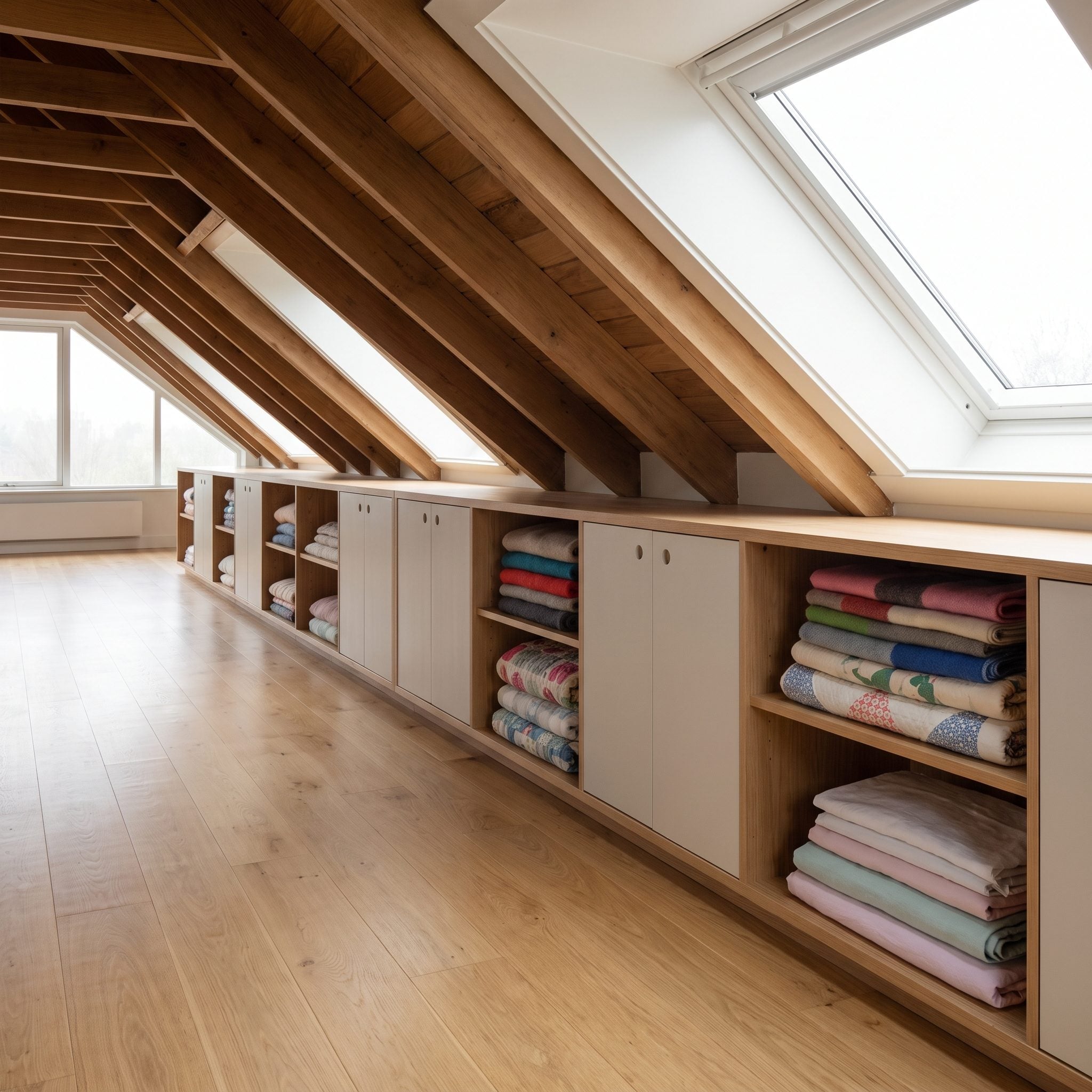 Attic bedroom with a continuous run of low linen cabinets beneath a sloping roof eave