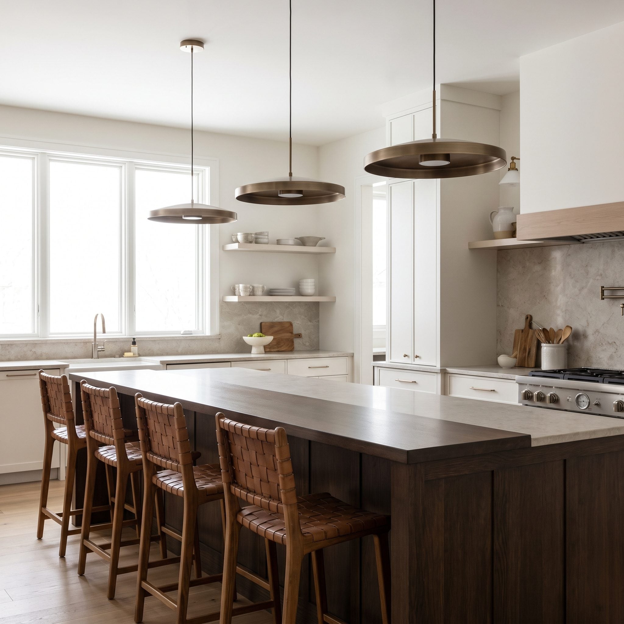 Long Island With a Dining Overhang and Three Medium Metal Discs