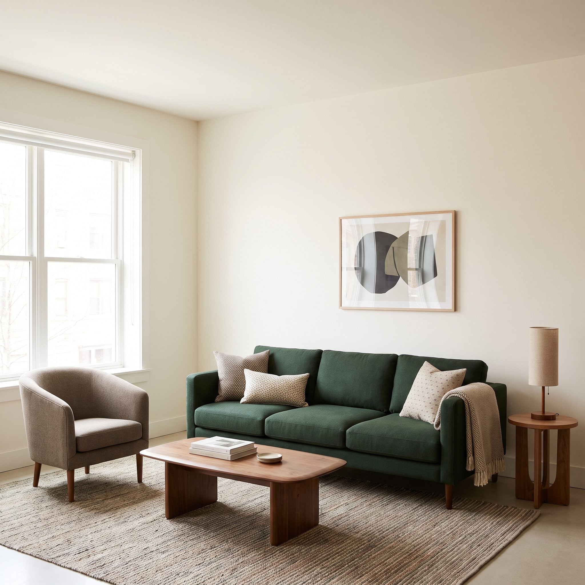 Deep forest-green sofa with five small scattered pillows and one small side-table lamp.