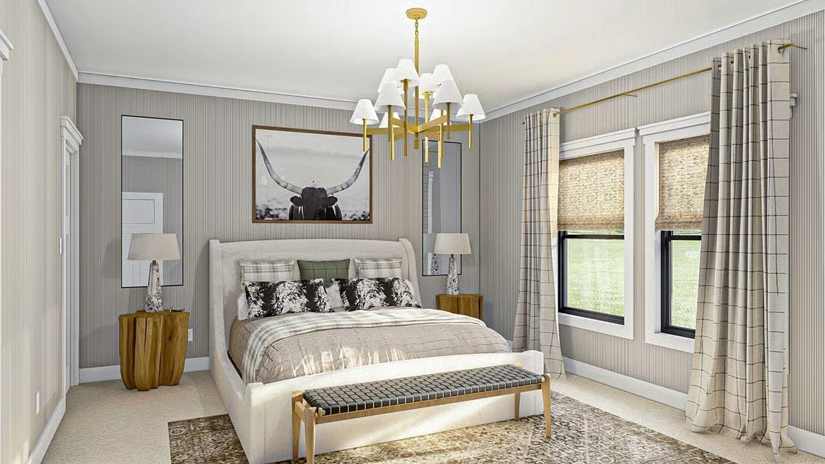 Gold Chandelier, Longhorn Art, and a Bedroom That Knows Exactly What It Is