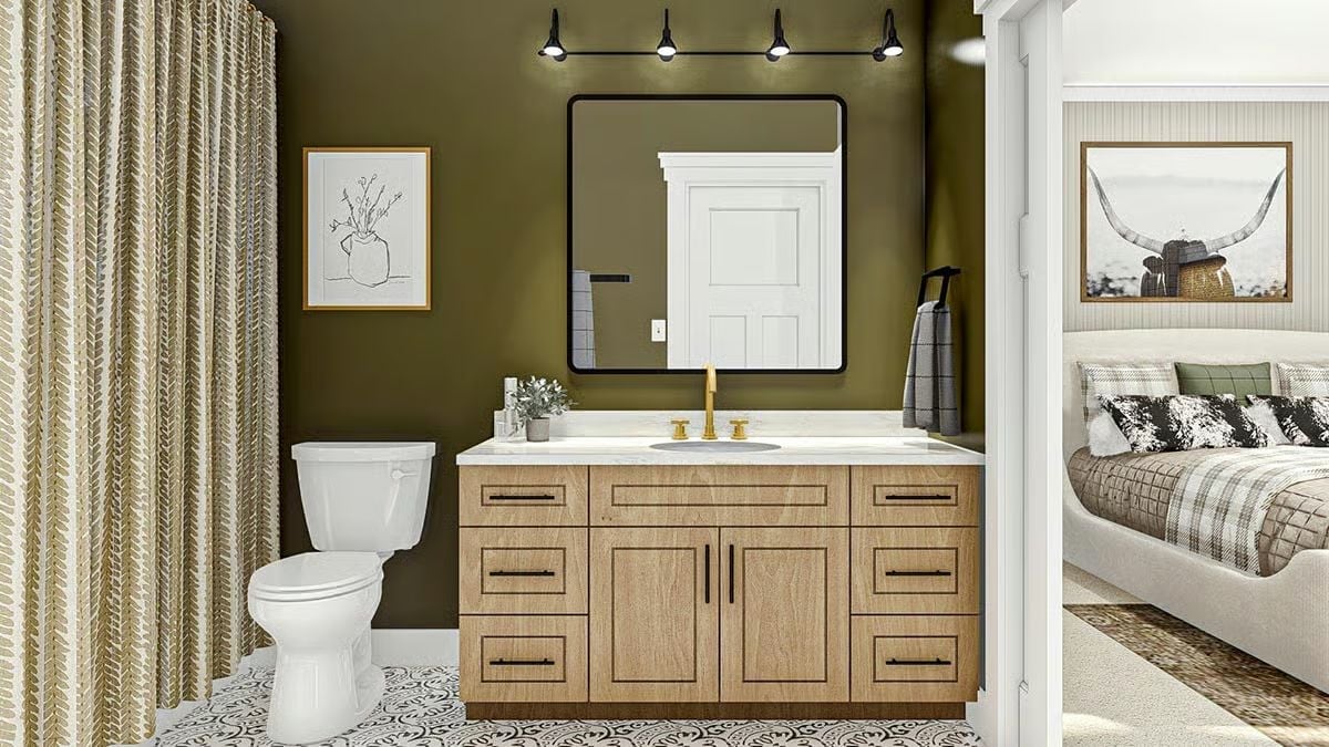 Olive Walls and a Gold Faucet That Make This Bathroom Feel Intentional
