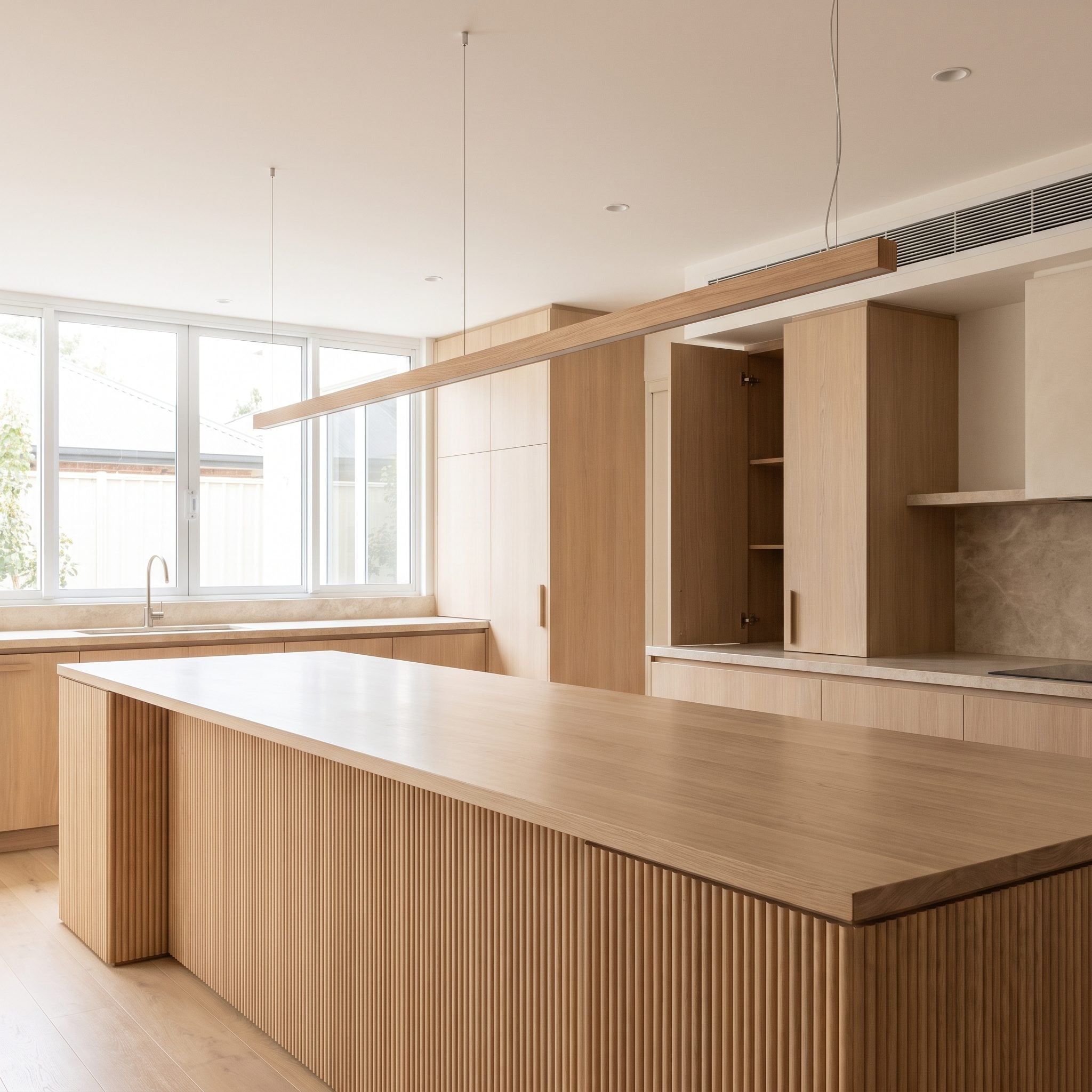 Long Reeded-Oak Island With One Timber Linear Pendant