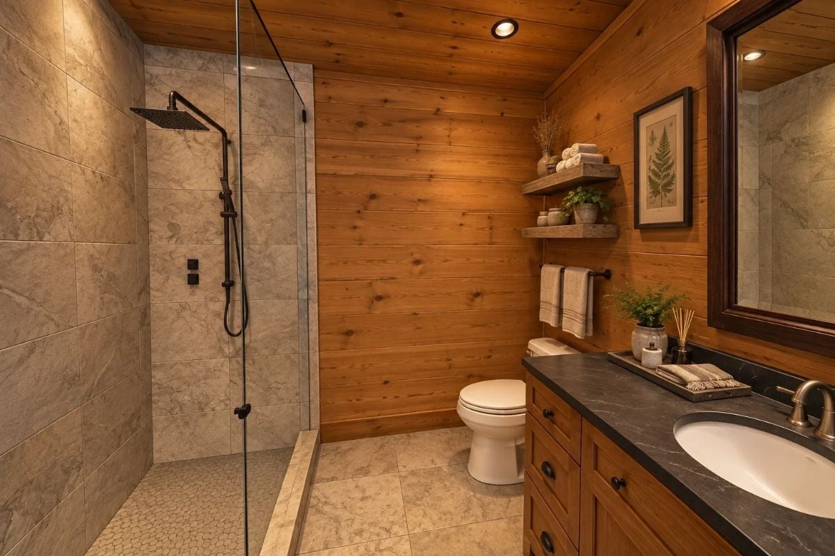 Hex Tile, Rain Shower, and Knotty Pine That Keep the Cabin Feeling Close