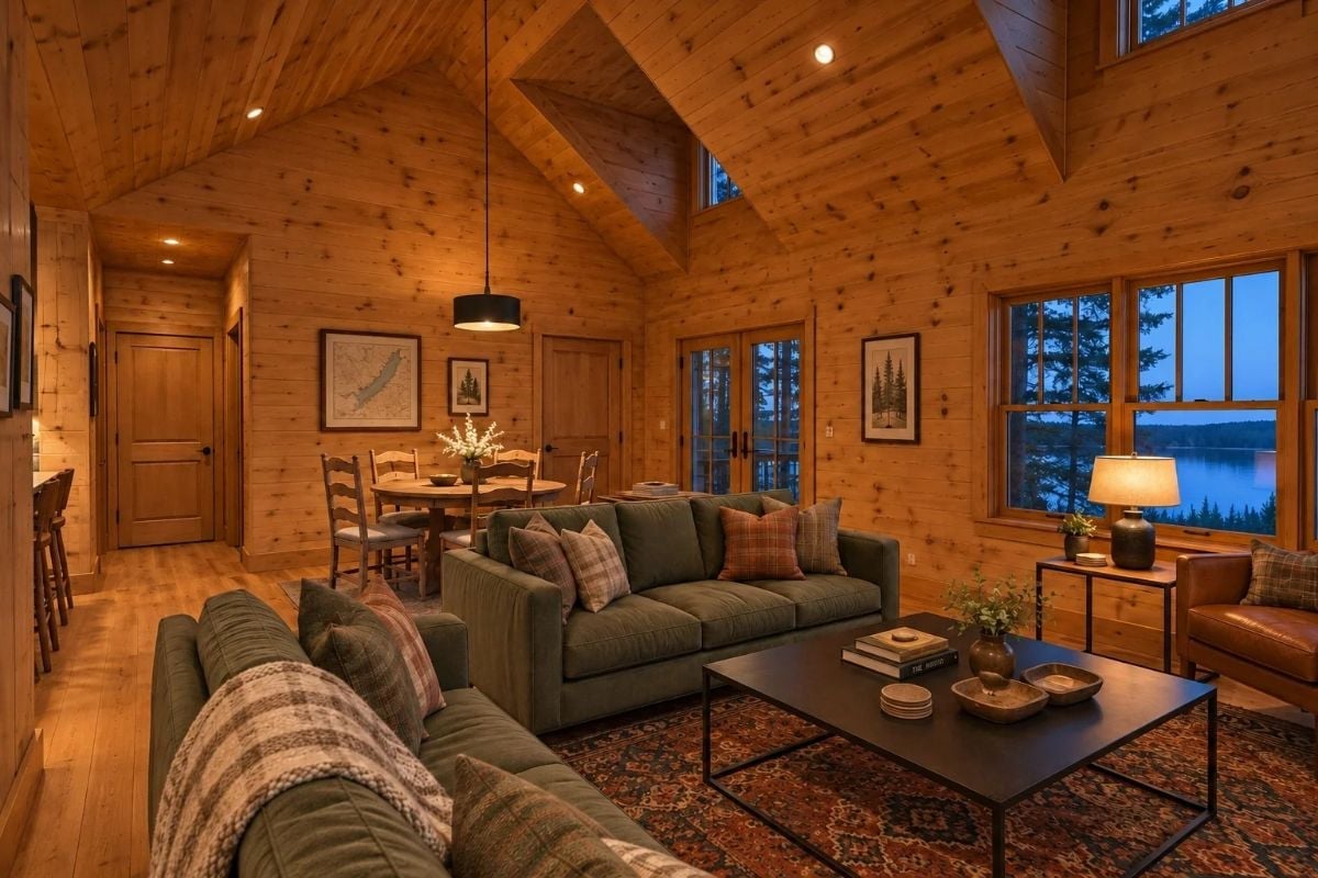 Knotty Pine Walls, a Lake at Dusk, and Sofas You Won't Want to Leave