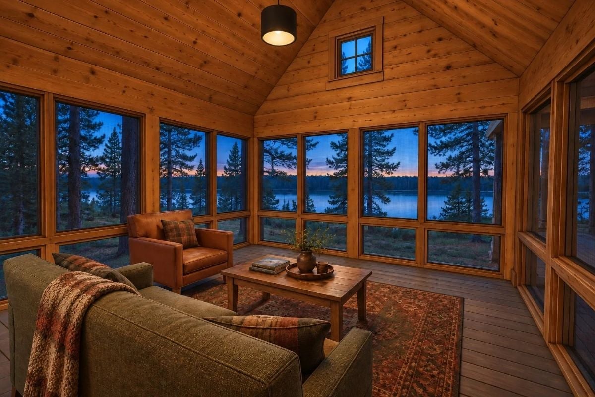 Leather, Knotty Pine, and a Lake at Dusk Visible From Every Seat