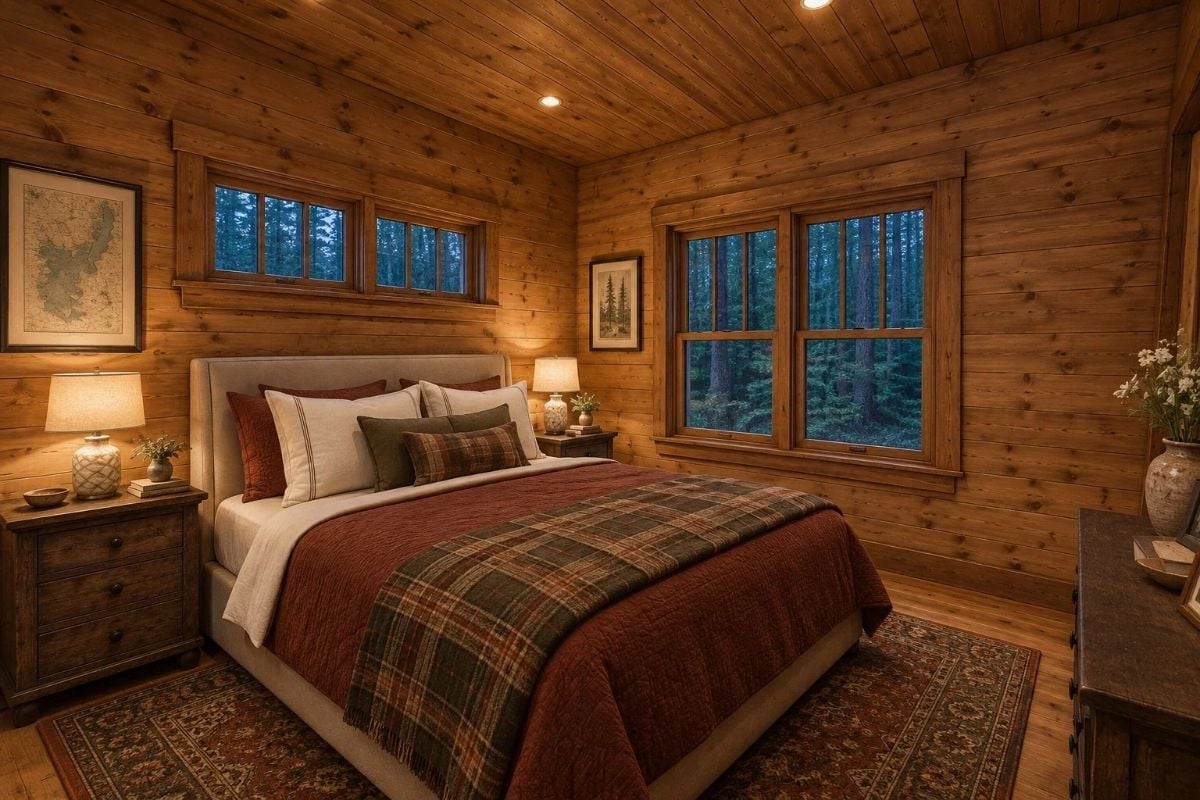 Plaid Blankets and Knotty Pine at Dusk — Bedroom That Earns Its Keep