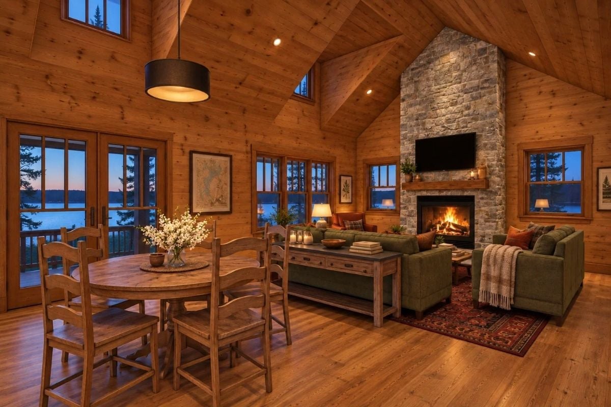 Stone Fireplace, Vaulted Ceiling, Lake at Dusk — Cottage Living Done Right
