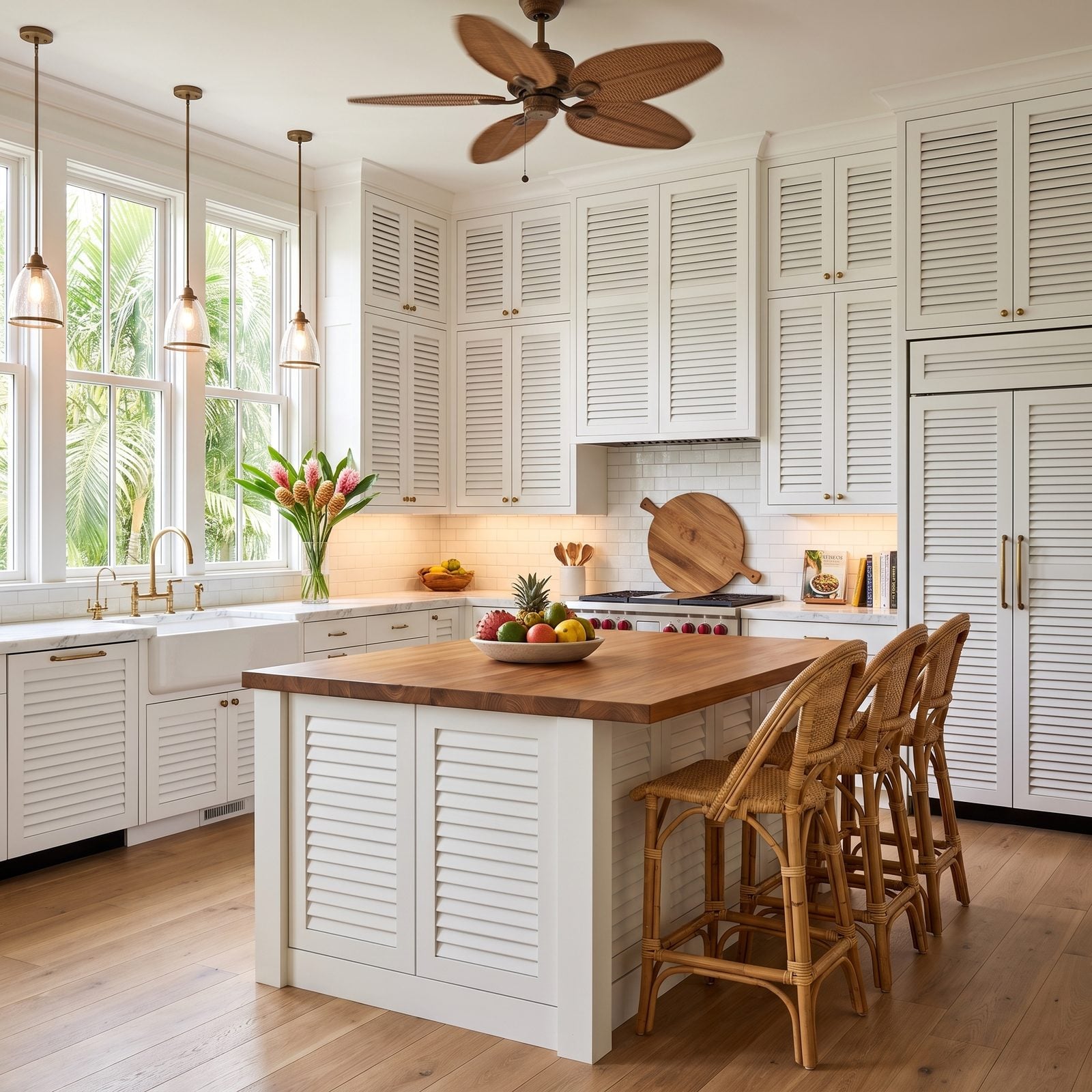 Kitchen with louvered cabinet doors: Louvered doors in crisp white with rattan stools, a teak island top and palms outside.