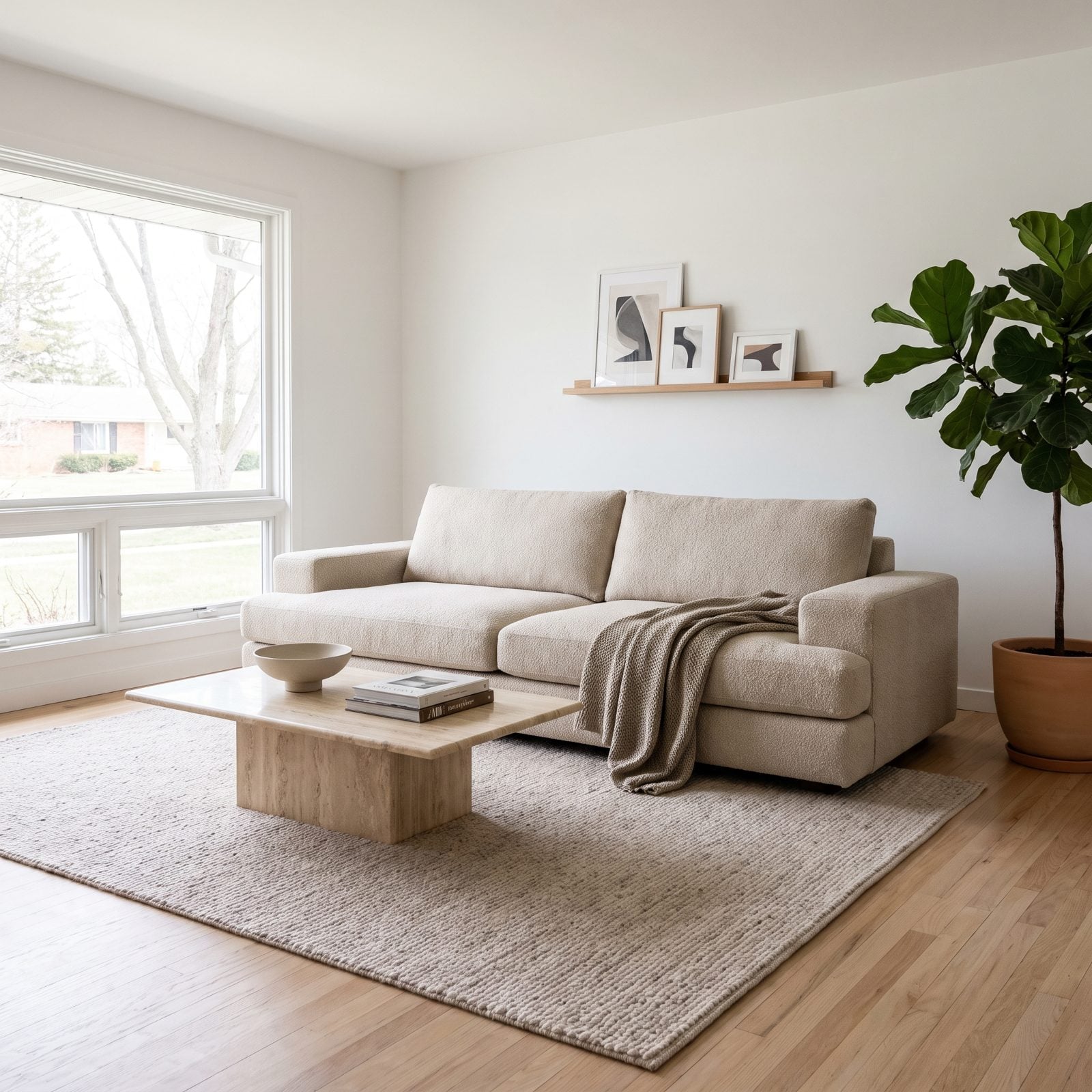 Modern living room with a low deep-seated oatmeal bouclé sofa and a matching-height travertine table.