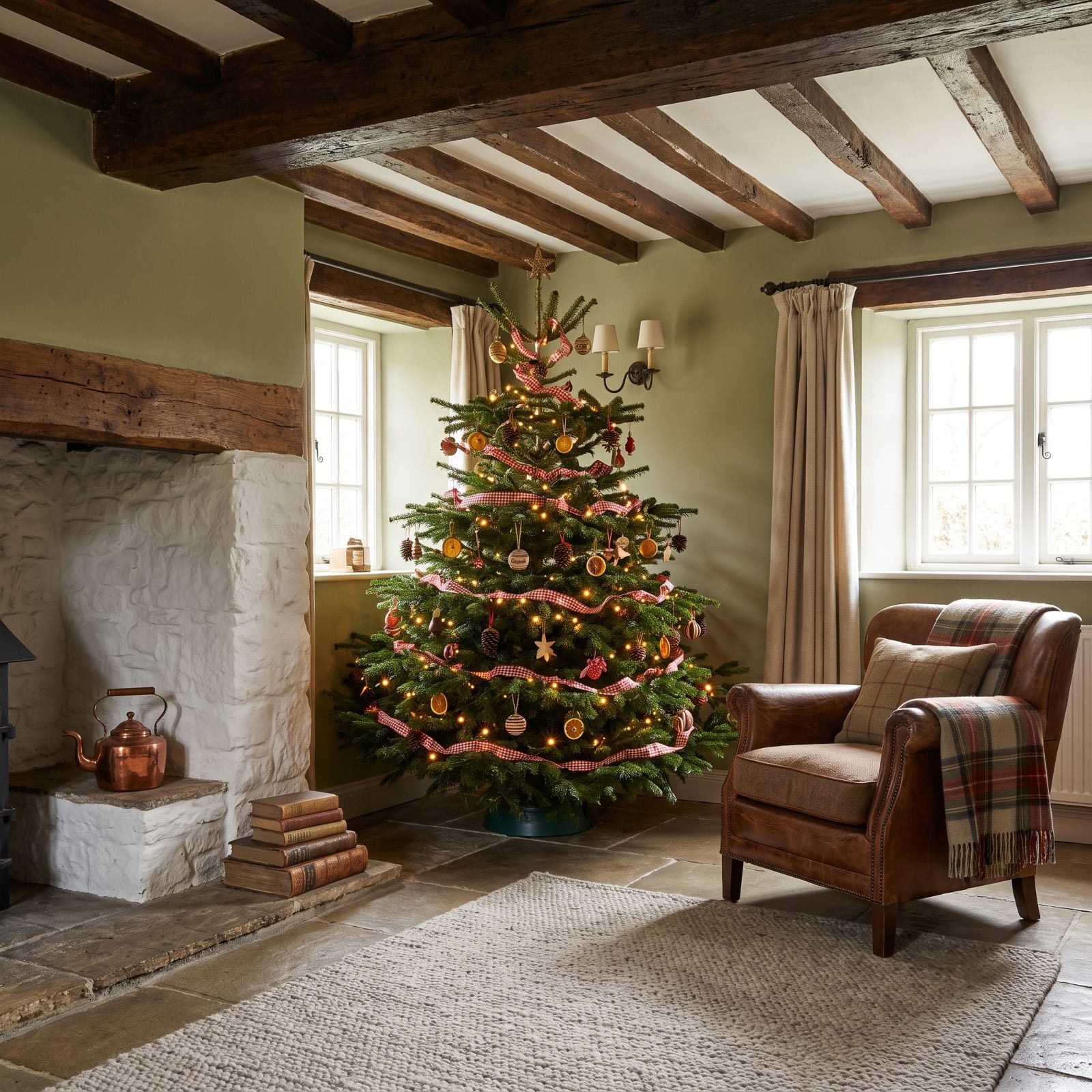 A Low, Spreading Tree Under a Beamed Cottage Ceiling