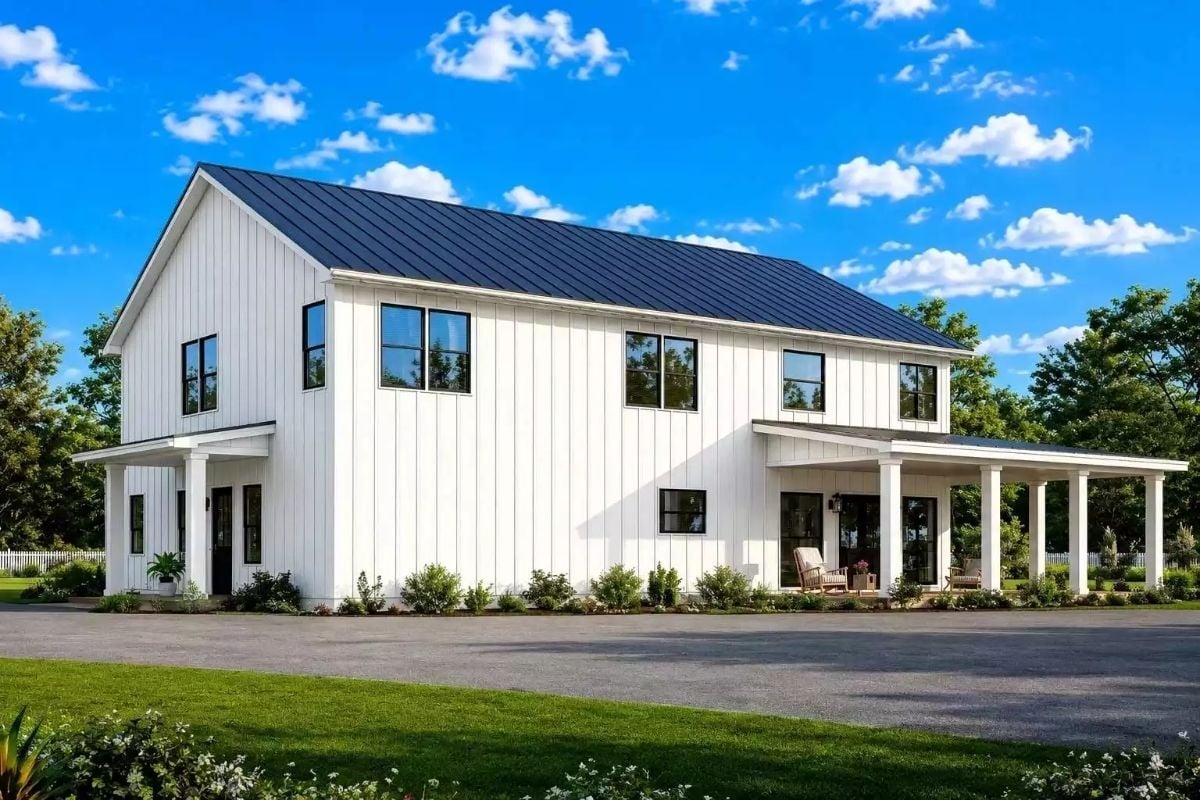 Board-and-Batten White Exterior With a Covered Porch Built for Year-Round Sitting