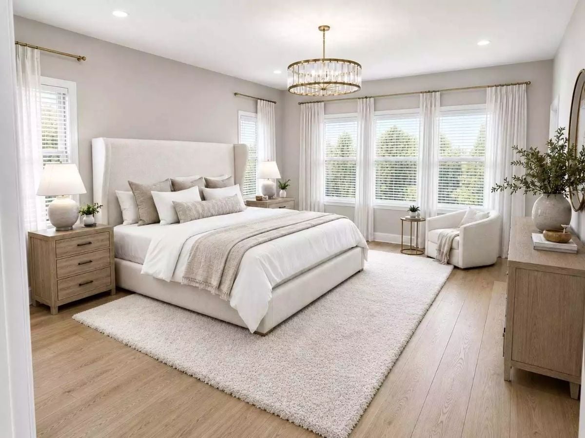 Cream Linen Headboard and Gold Chandelier Make a Case for Keeping It Neutral