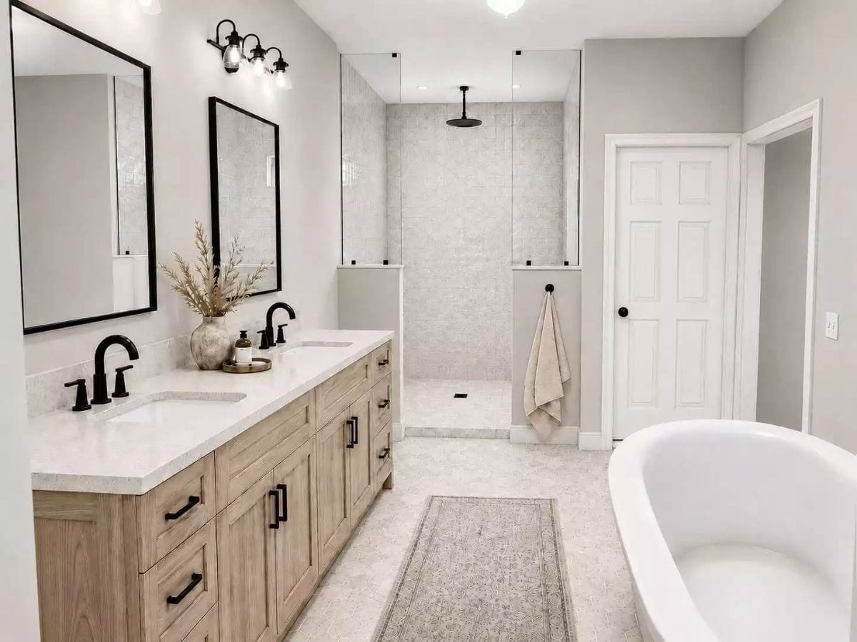 Matte Black Fixtures Pull Double Duty in a Bath Where Wood Grain Does the Warming