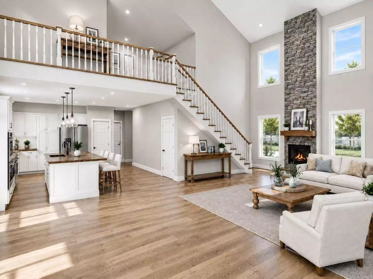 Soaring Stone Fireplace Anchors an Open Plan Built for Crowds