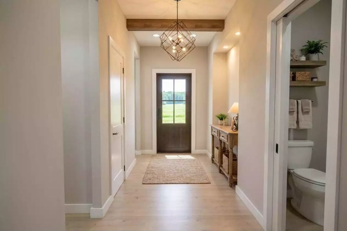 Geometric Chandelier and a Wood Beam That Earn Their Keep in This Foyer