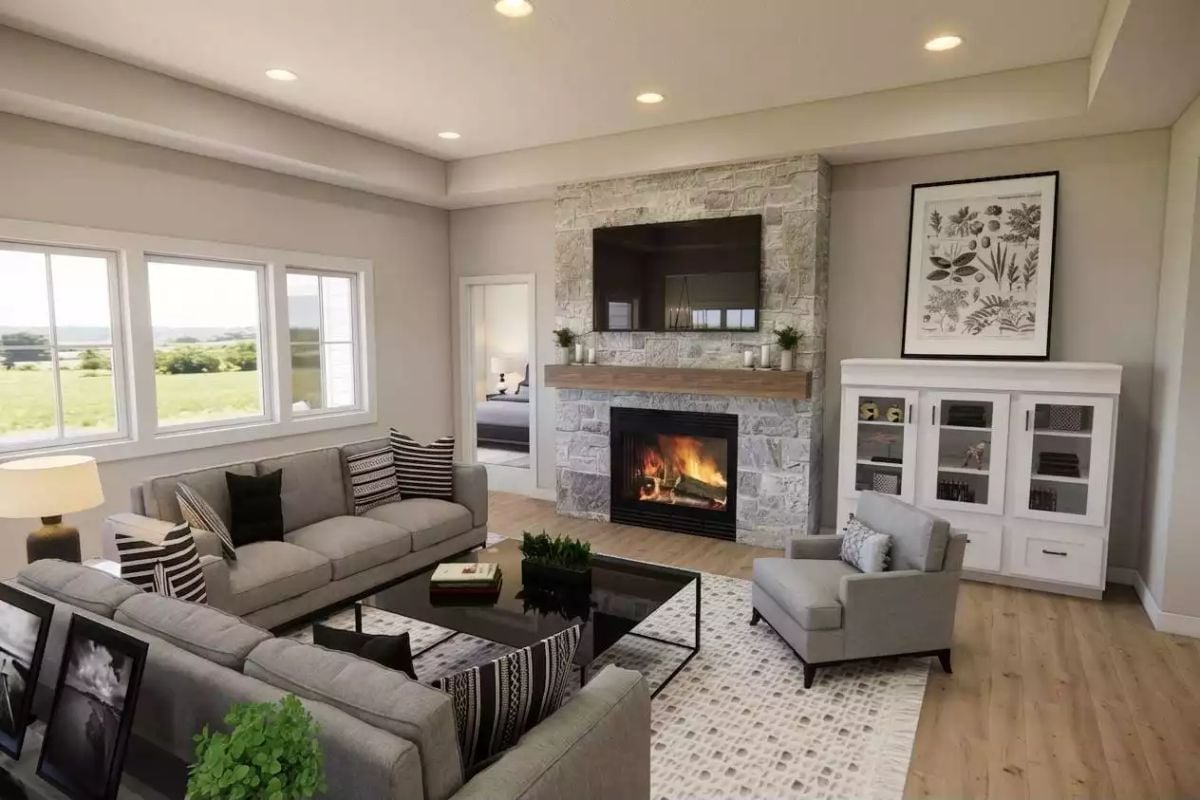 Stone Surround and a Wood Mantel That Make the Fireplace Worth Gathering Around