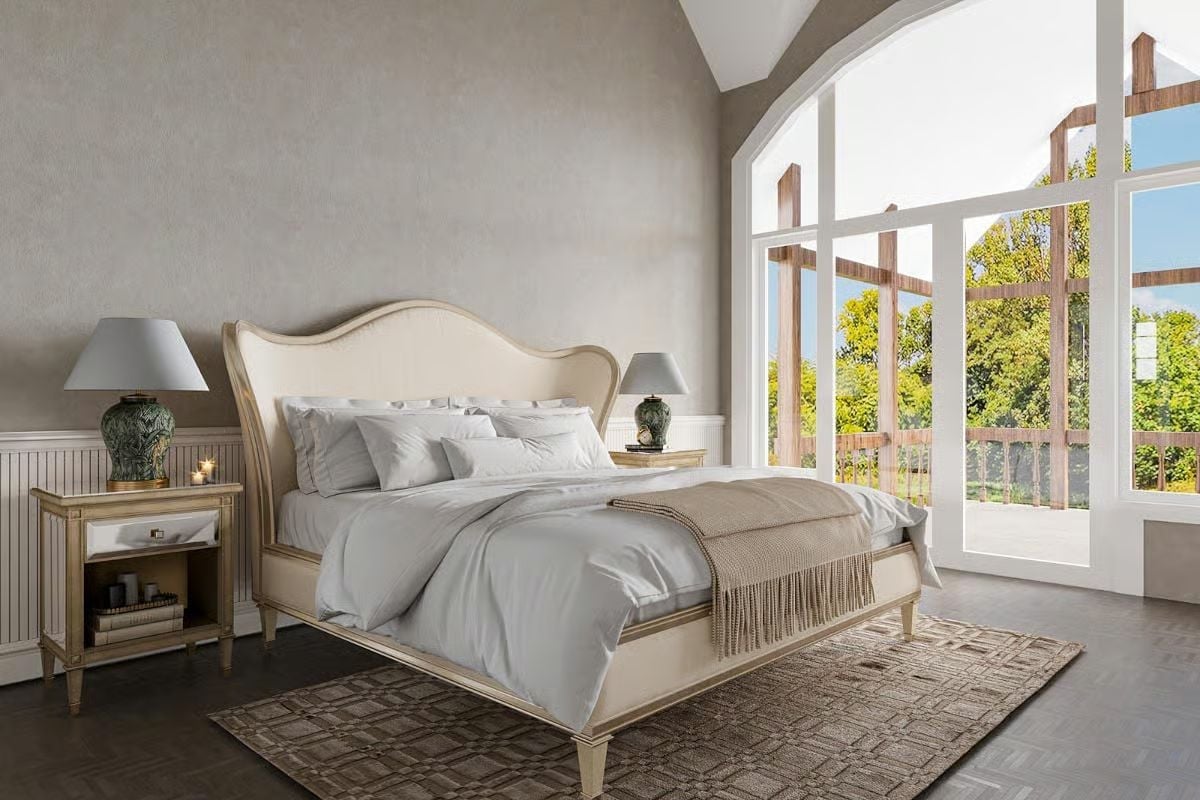 Curved Headboard and a Window Wall That Pulls the Garden Inside