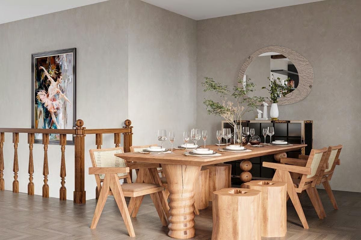Sculptural Wood Base and Cane Chairs That Don't Try Too Hard
