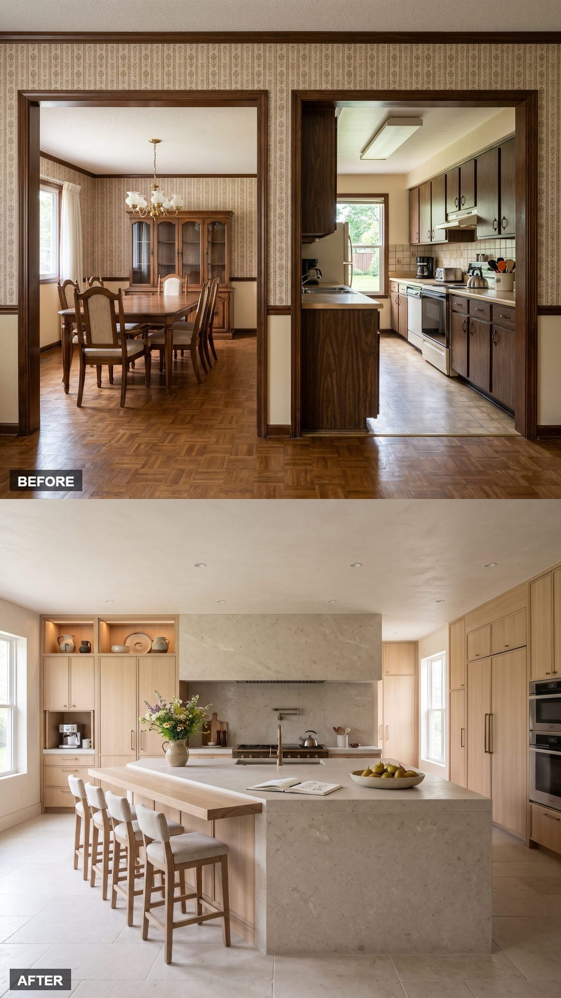 Luxe Limestone Island Kitchen in Pale Oak and Aged Bronze