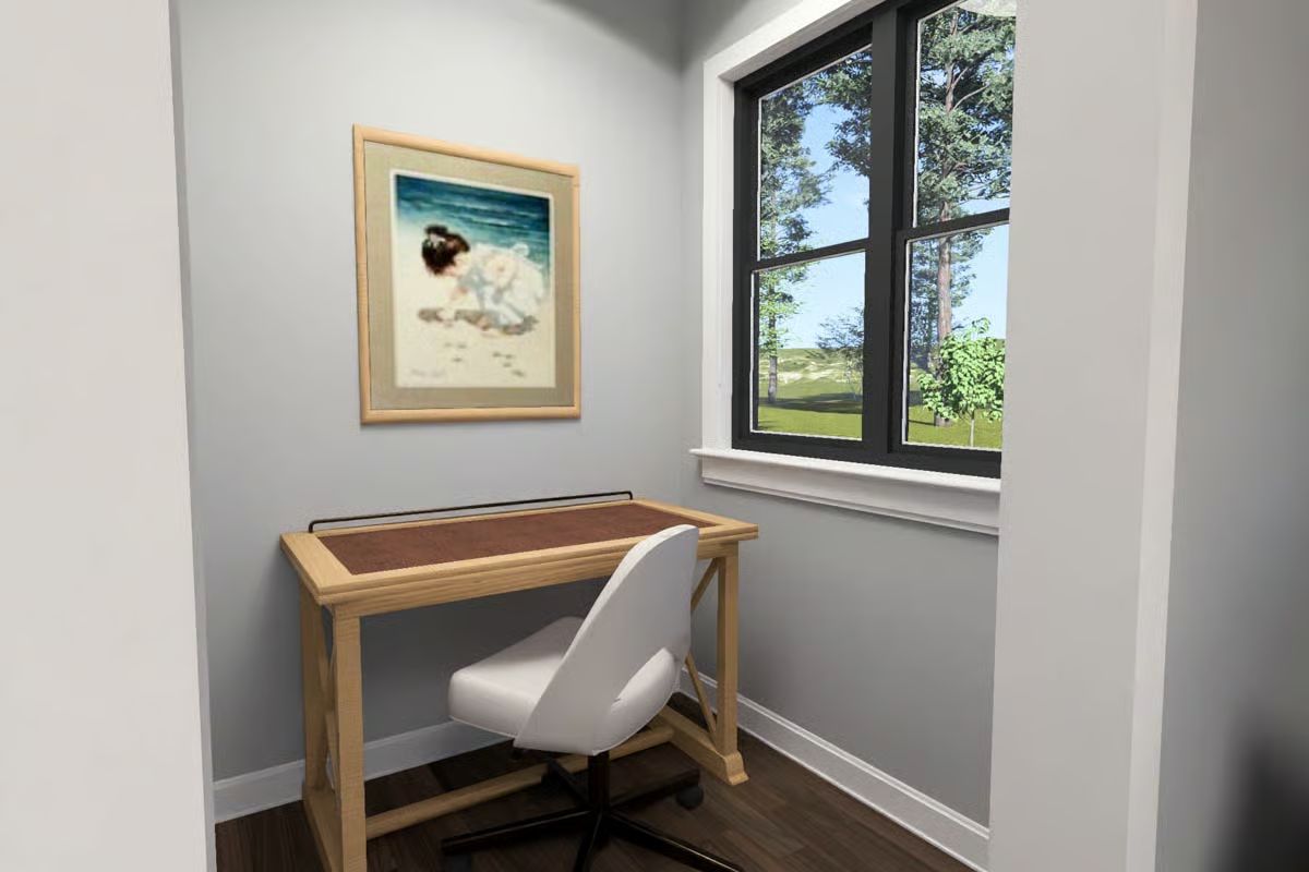 Built-In Desk Nook with Light Wood, Leather Surface, and a View Worth Earning