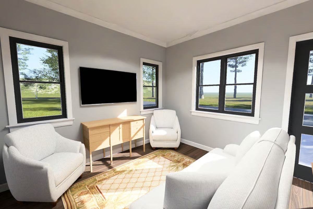 Gray Walls, White Seating, and Windows That Do the Heavy Lifting