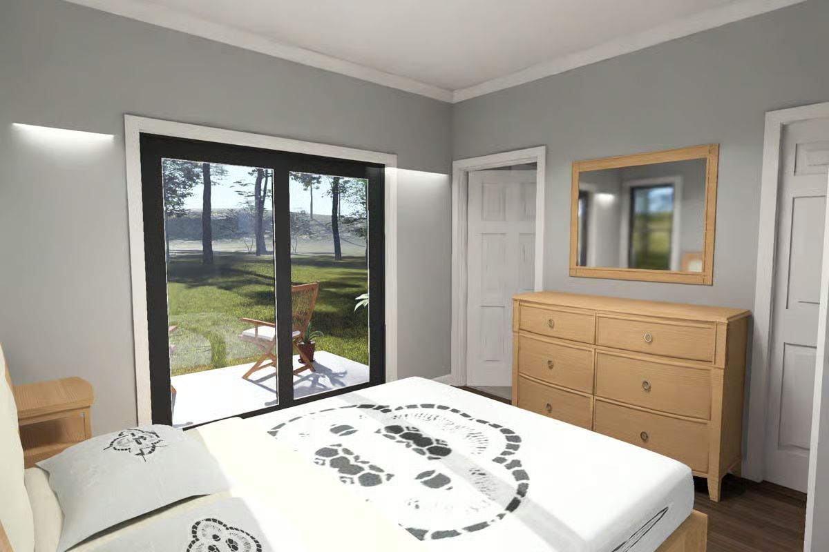 Sliding Glass Doors and a Wood Dresser That Pulls the Whole Room Together
