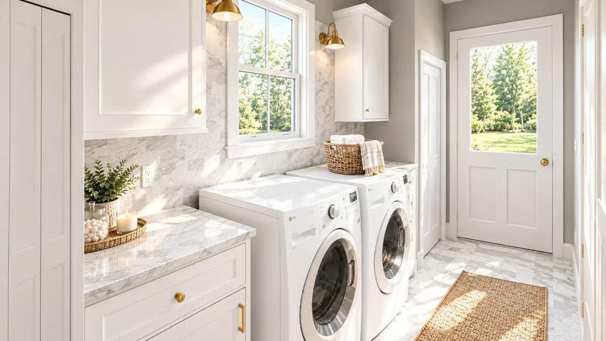 Marble Backsplash and Gold Hardware That Make Laundry Feel Like Less of a Punishment