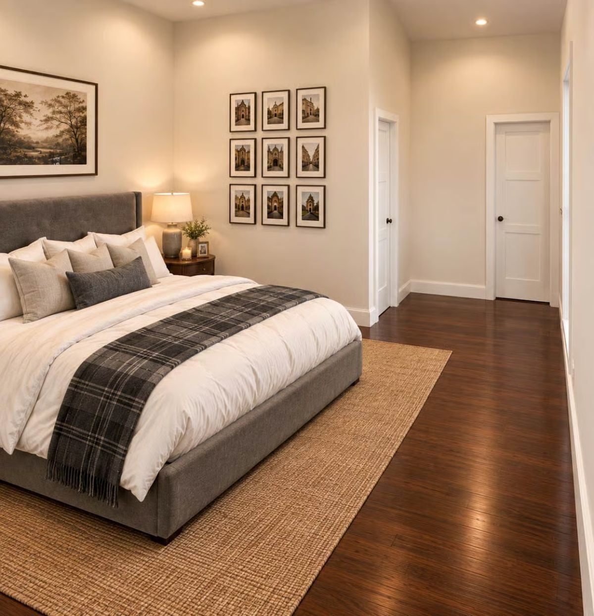 Dark Hardwood, a Plaid Throw, and a Bedroom That Earns Its Quiet