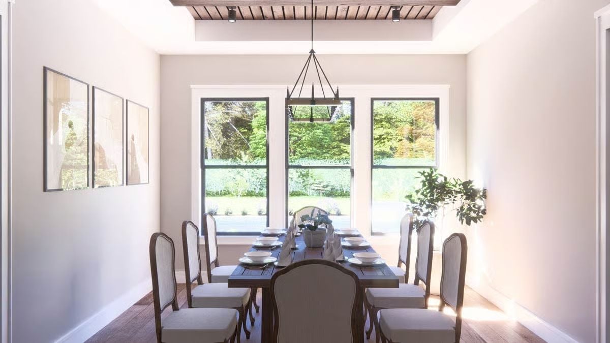 Dark Wood, Linen Chairs, and Three Windows That Bring the Garden Inside