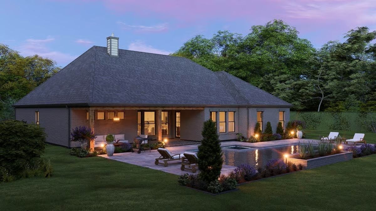Dusk Falls Soft on Gray Brick and a Pool That Earns Its Keep