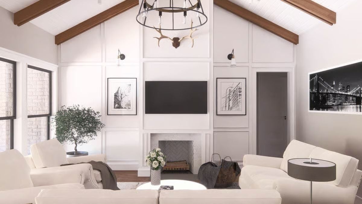 Exposed Beams, Antlers, and a Fireplace Wall That Does the Heavy Lifting