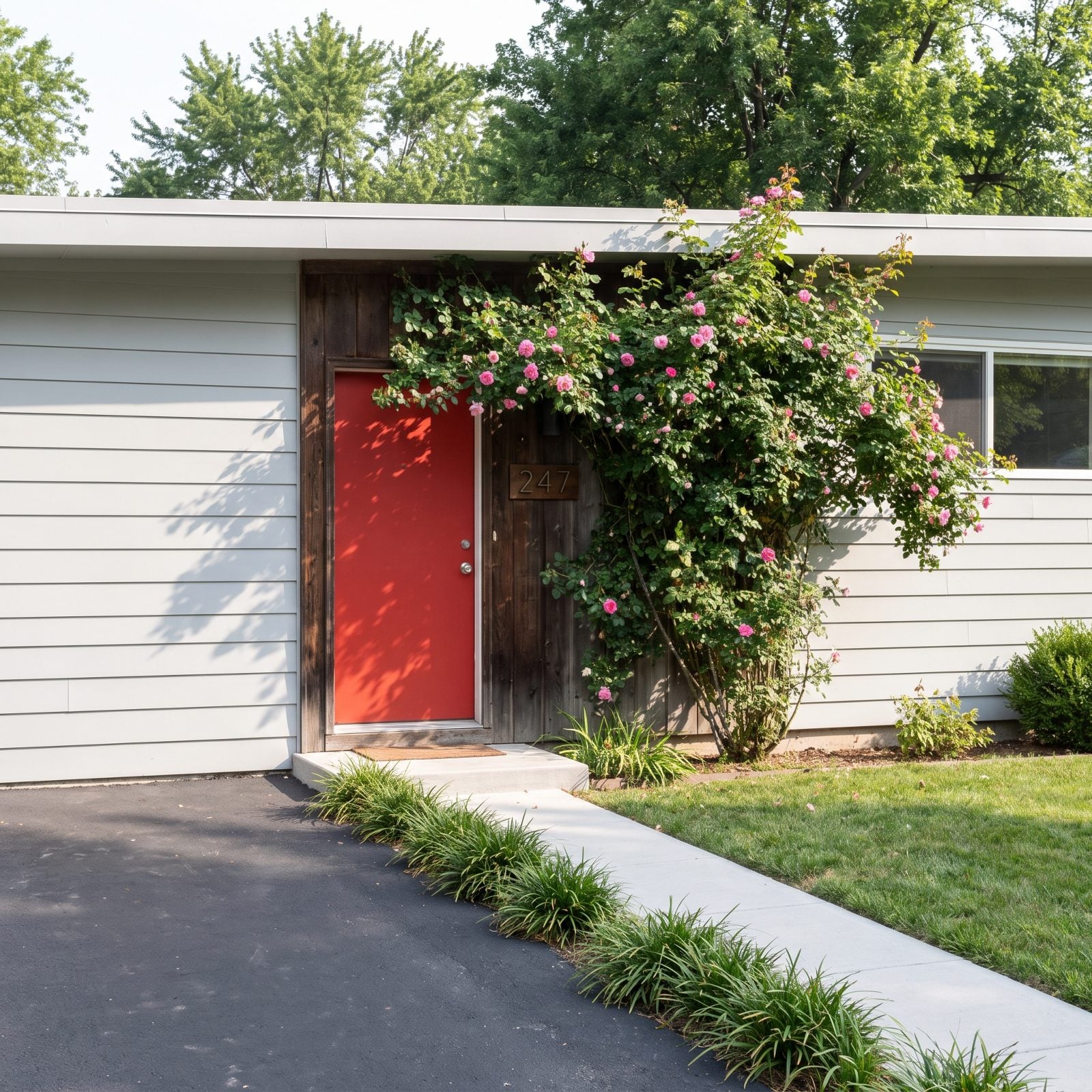 Mid-century ranch with small bronze house numbers on dark door trim partly hidden by a climbing rose.