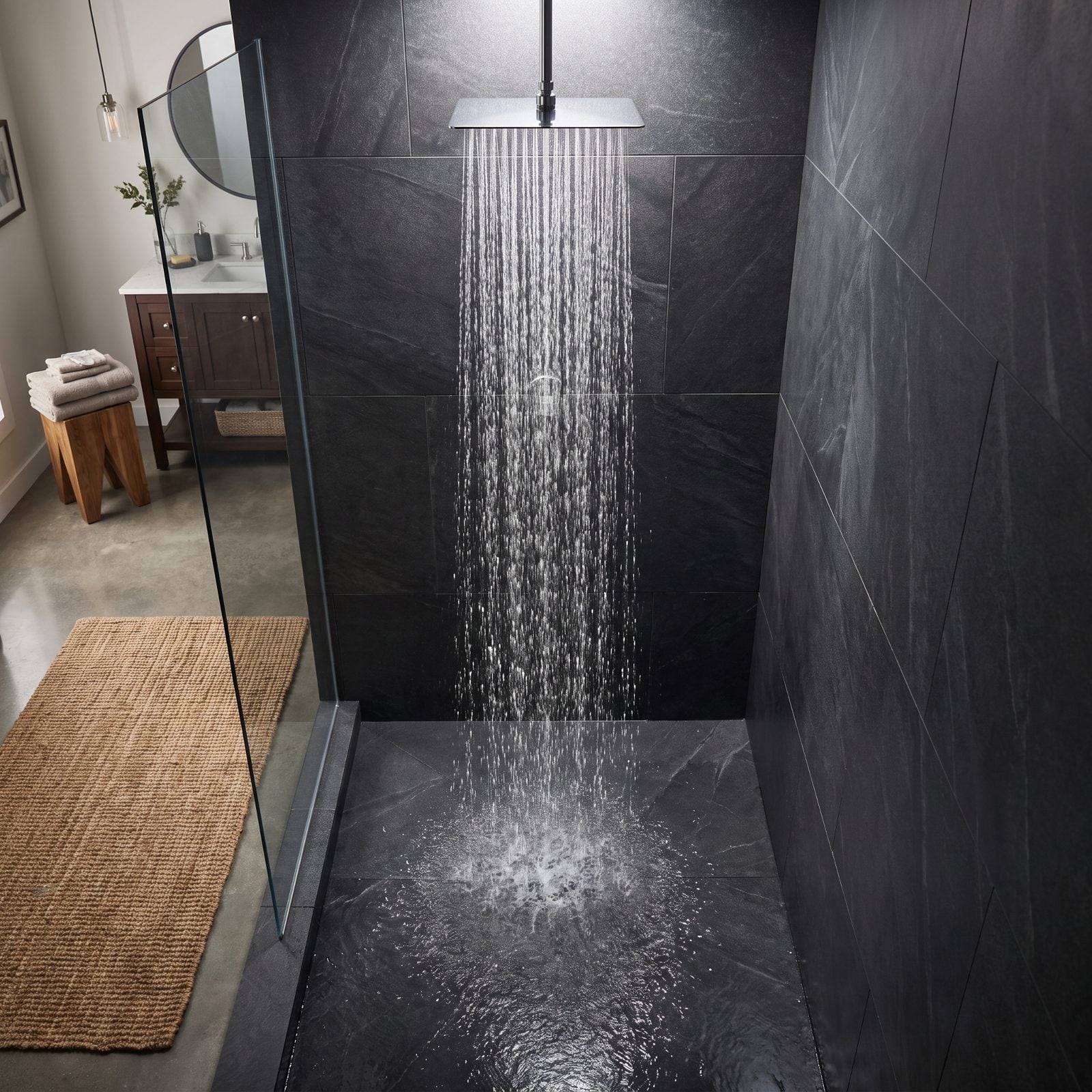 Walk-in shower with a single ceiling-mounted rainfall head as the only fixture, no handheld or wall head.