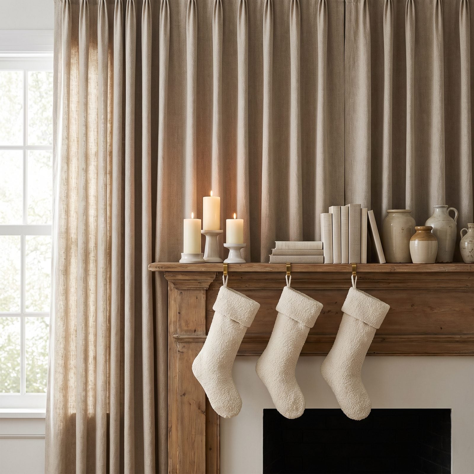A Mantel Display Backed by Pleated Fabric Panels