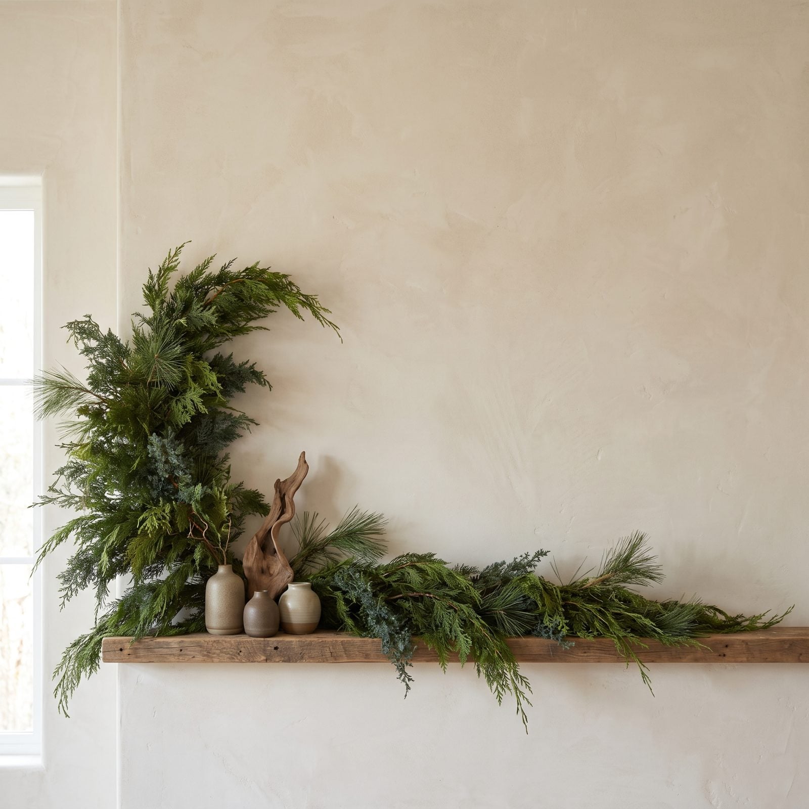 A Mantel Dressed With One Asymmetrical Evergreen Sweep