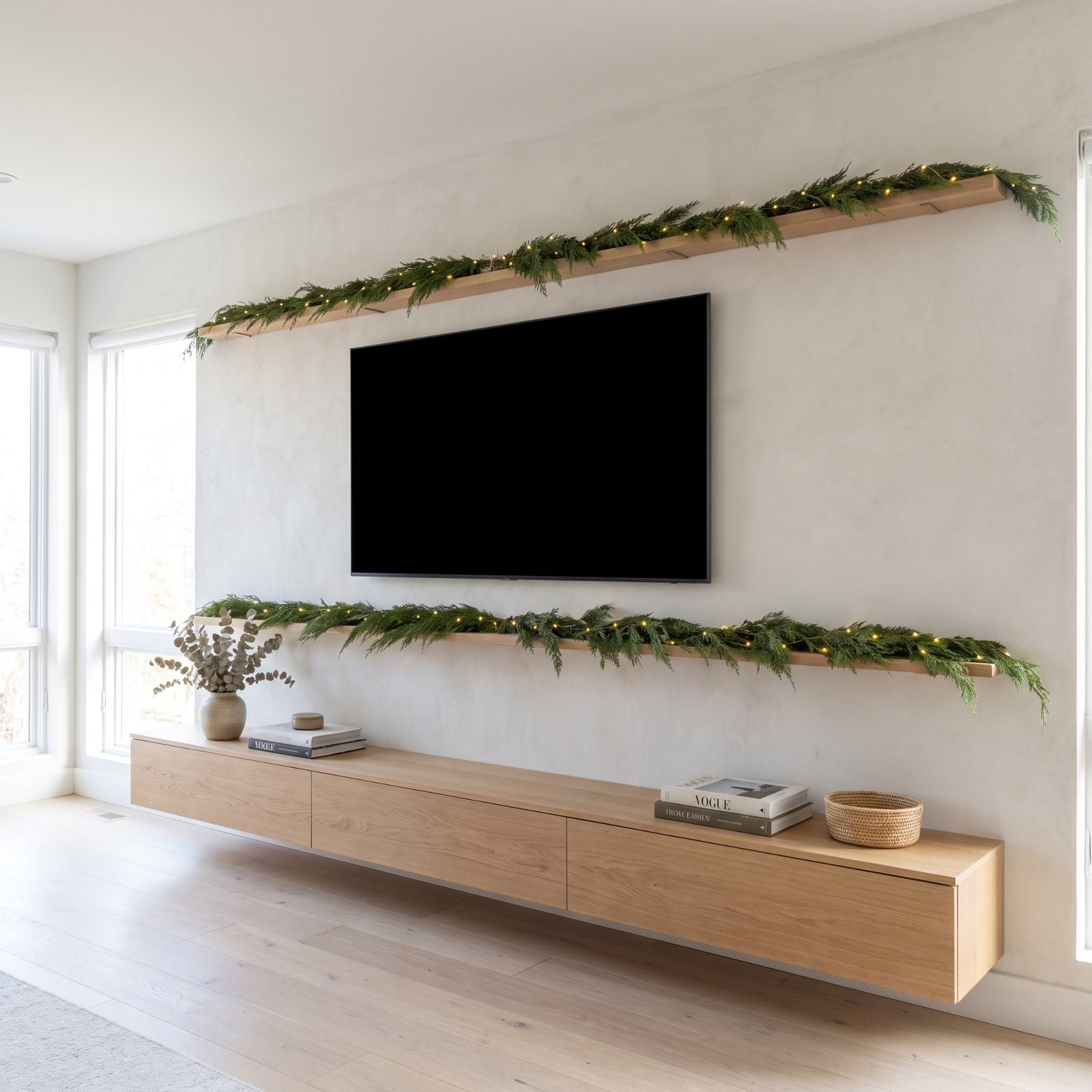 A Mantel-Free Media Wall Balanced by Long Floating Garlands
