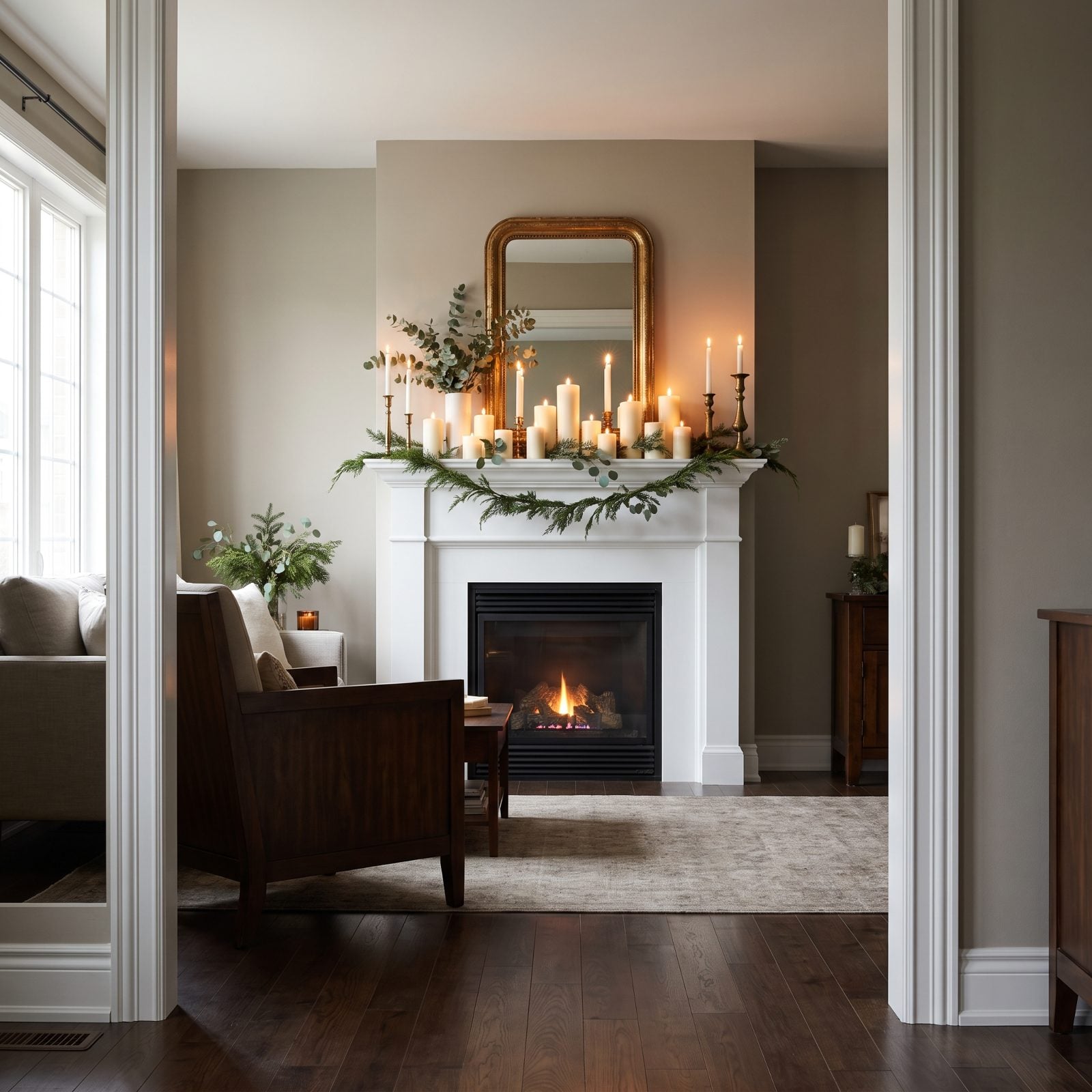 A Mantel Lined With Ivory Candles at Different Heights