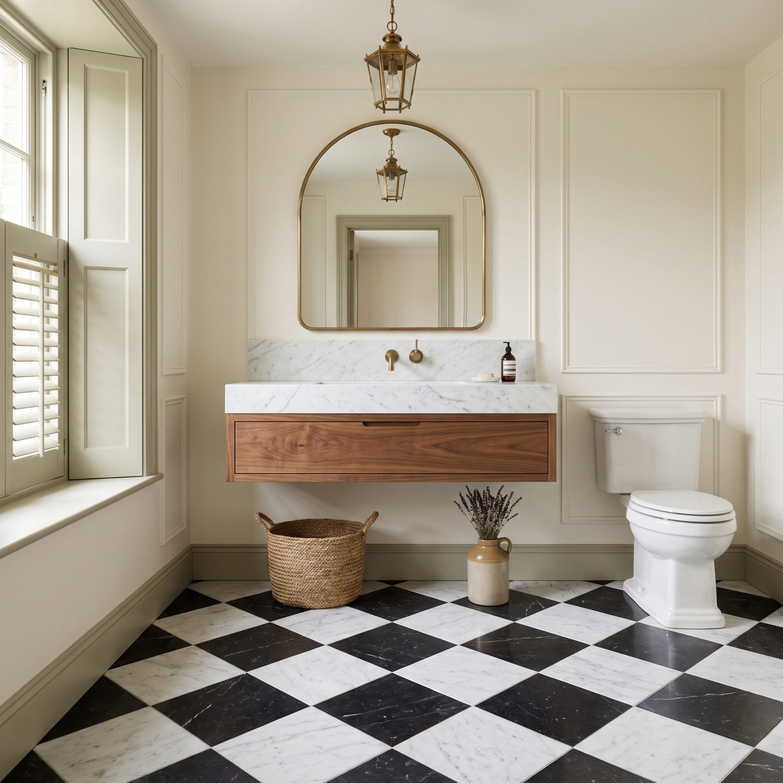 A Marble Checkerboard Floor Under a Floating Walnut Vanity
