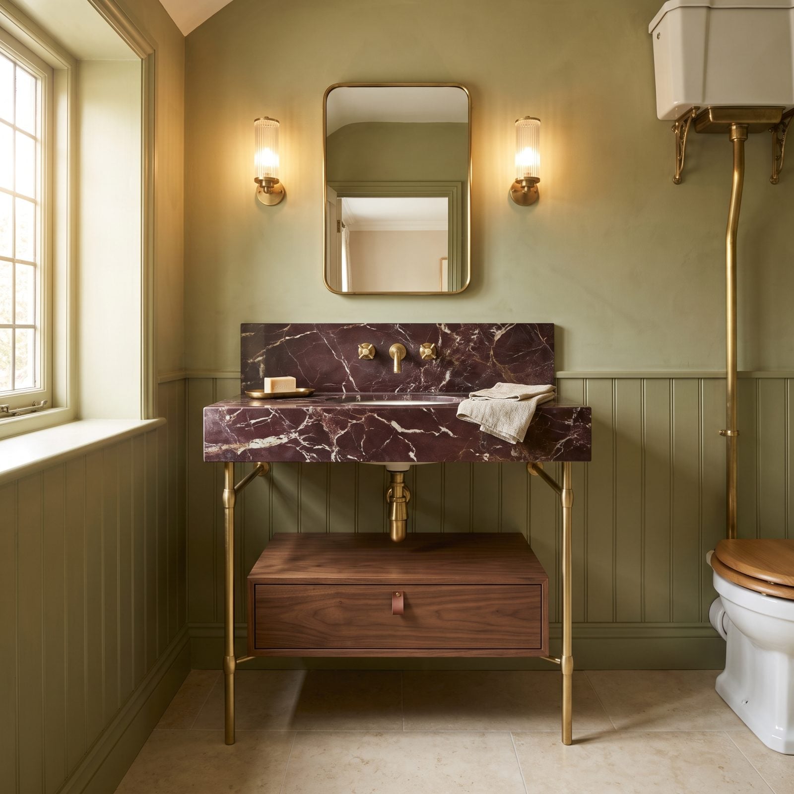 Marble Console on Brass Legs, a Walnut Drawer Box Slung Below