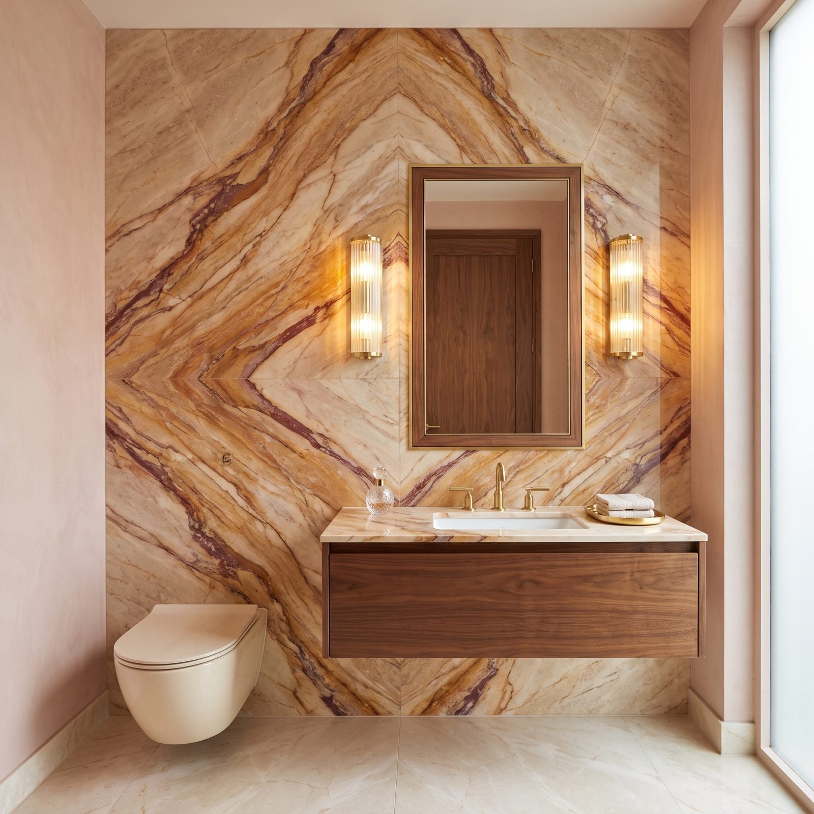 A Marble-Framed Walnut Medicine Cabinet on a Bookmatched Wall