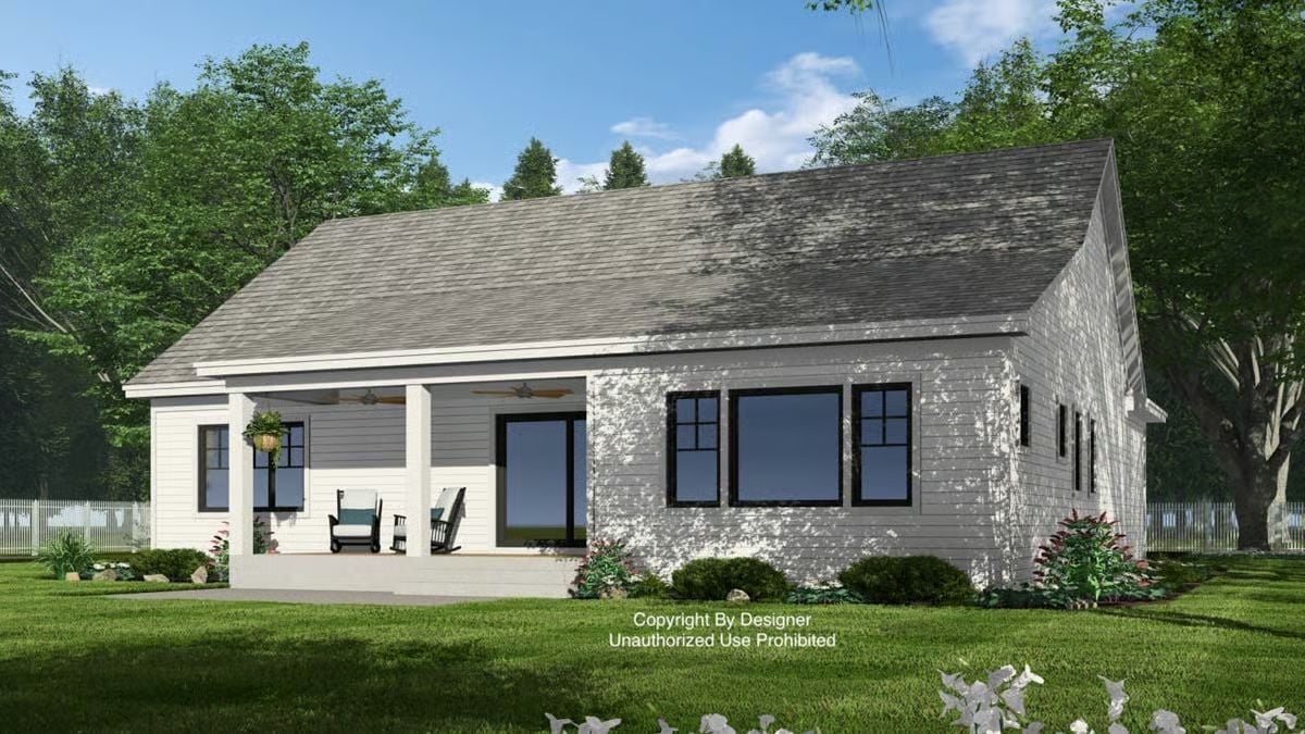 Covered Porch With Rocking Chairs and Black-Trimmed Windows That Mean Business