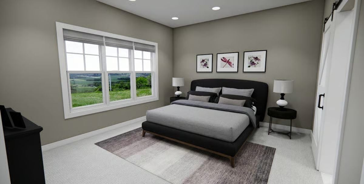 Dark Headboard, Greige Walls, and a Window View That Pulls You Out of Your Head