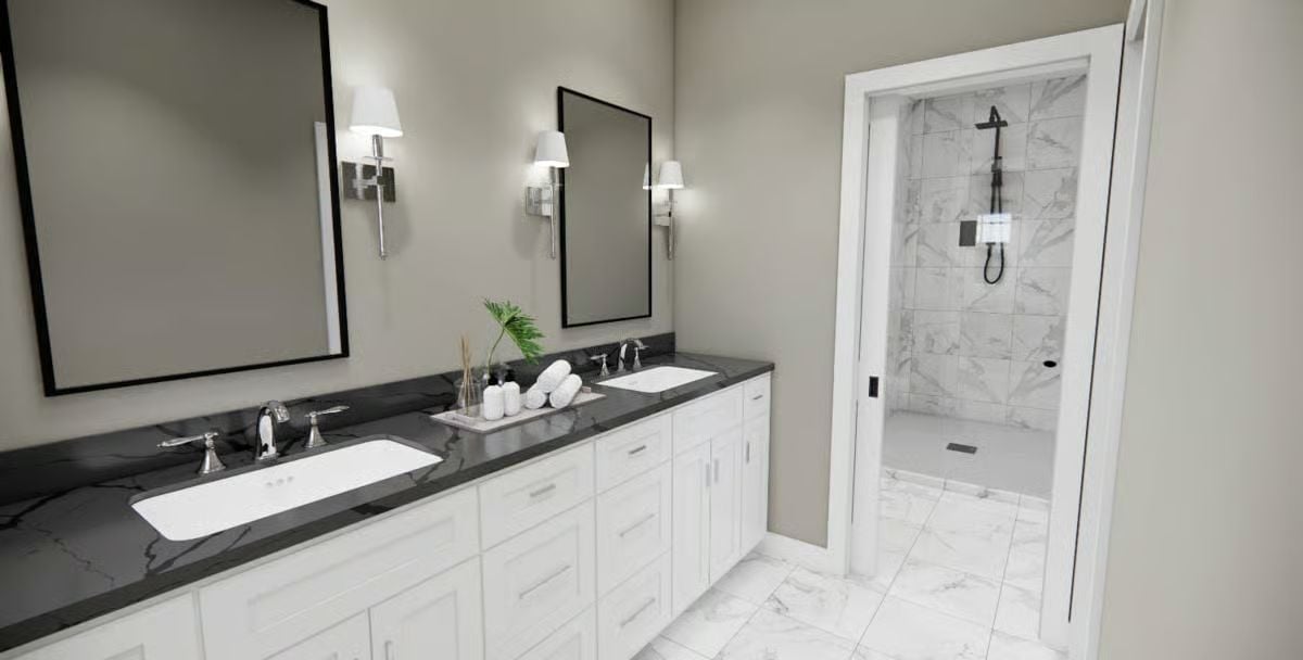 Dual Vanity With Black Marble Counters and a Shower Room Worth the Square Footage