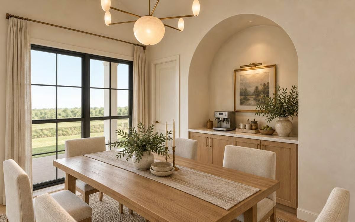 Arched Niche with a Built-In Coffee Bar Does the Work of a Whole Extra Room