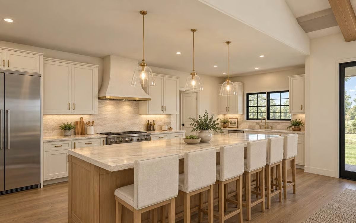 Brass Pendants and a Natural Wood Island Base That Know When to Stop