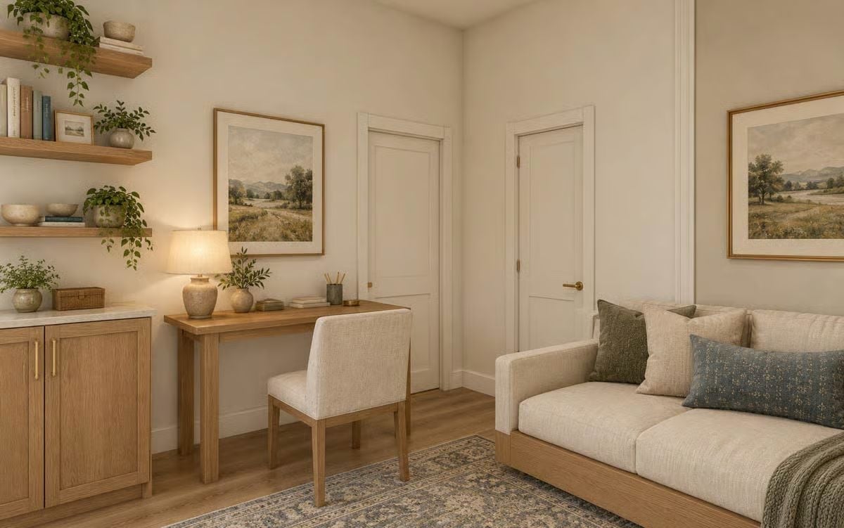 Floating Shelves and a Writing Desk That Make a Guest Room Pull Double Duty
