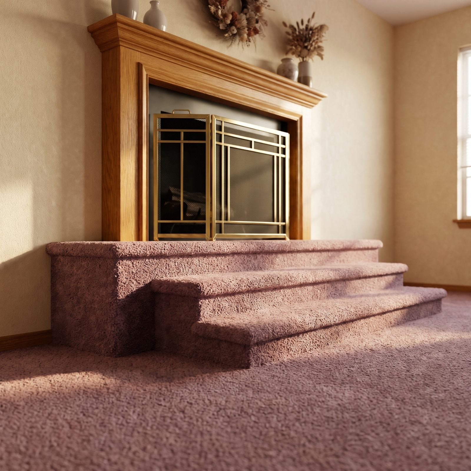 Mauve Carpet Climbing Right Up the Fireplace Steps